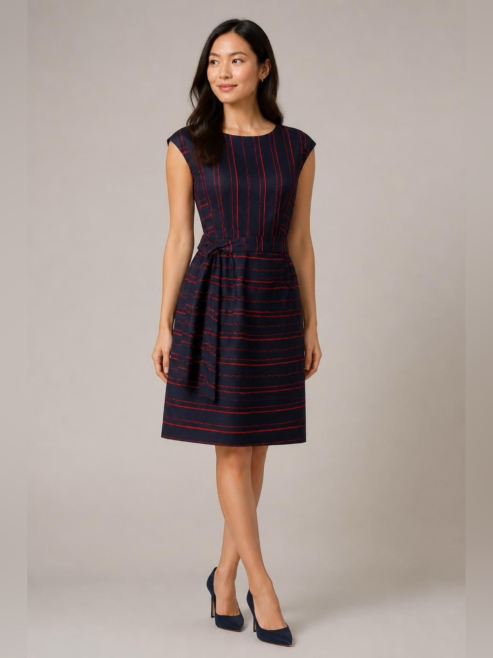 JADE by Melody Tam Navy & Red Striped Belted Midi Dress Size S